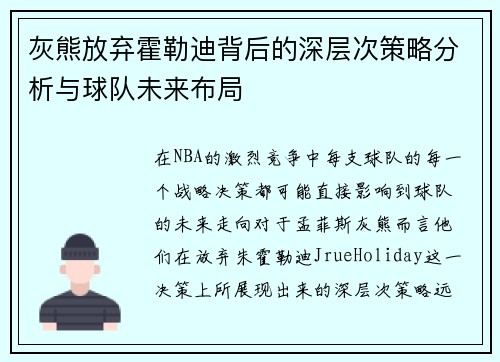 灰熊放弃霍勒迪背后的深层次策略分析与球队未来布局